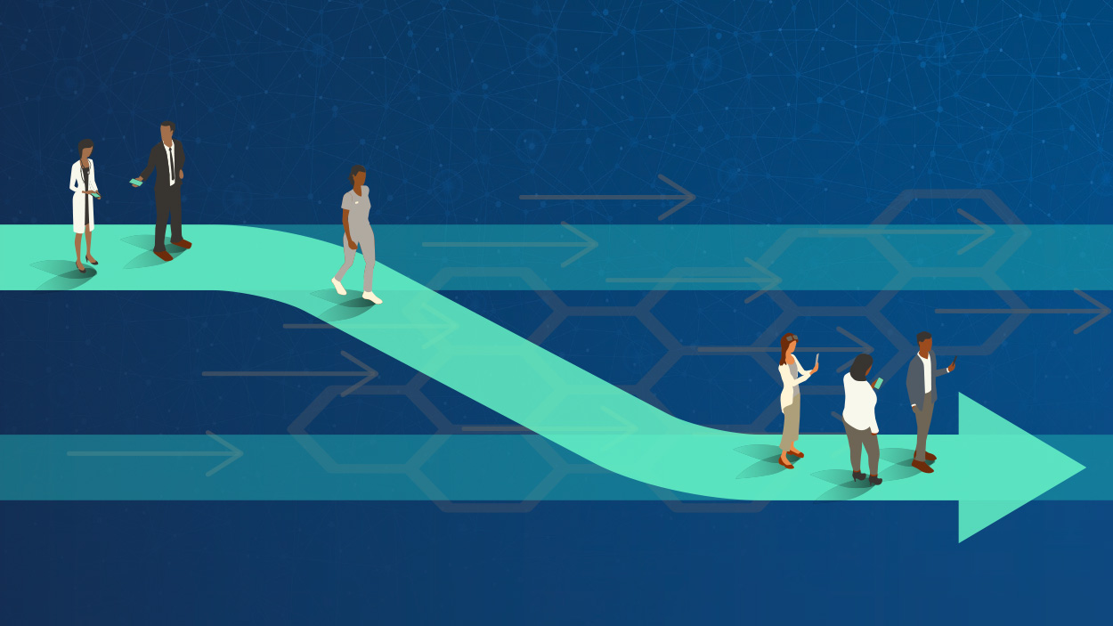 Illustration of immigrants on blue arrow